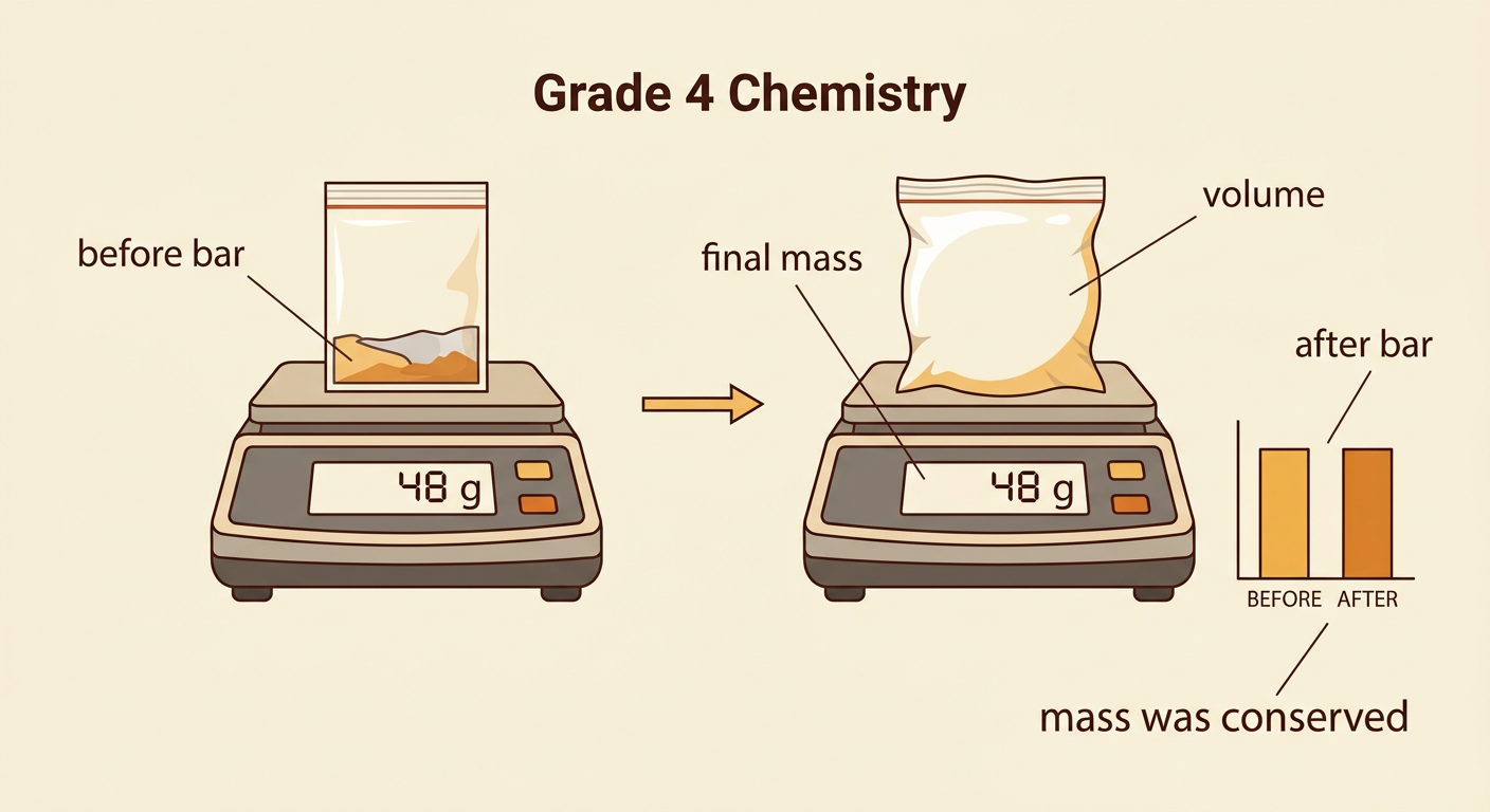 A digital balance and a two-bar graph show nearly identical before and after masses for the sealed bag.