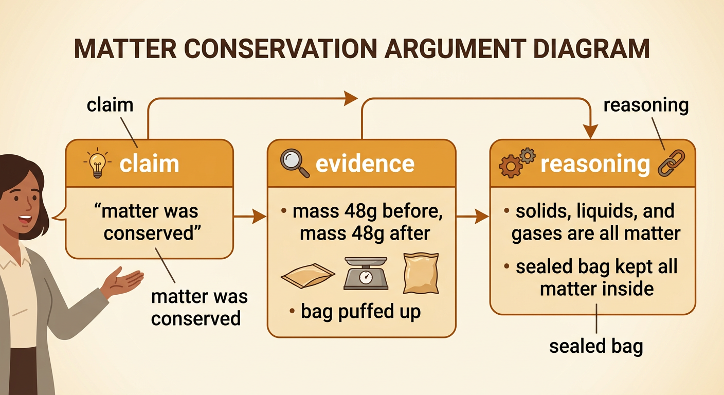 A completed investigation sheet connects a conservation claim to mass measurements, a puffed bag observation, and reasoning about the sealed system.