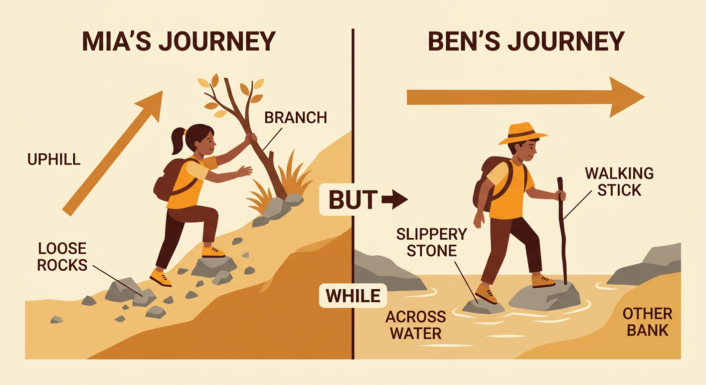 A split picture shows Mia traveling uphill on dry land but Ben traveling across water toward the other bank.