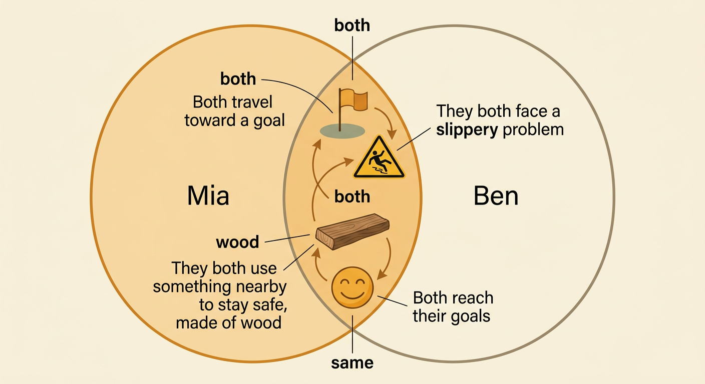 Mia and Ben appear side by side with matching circles around their slippery problems and the wood they use for help.