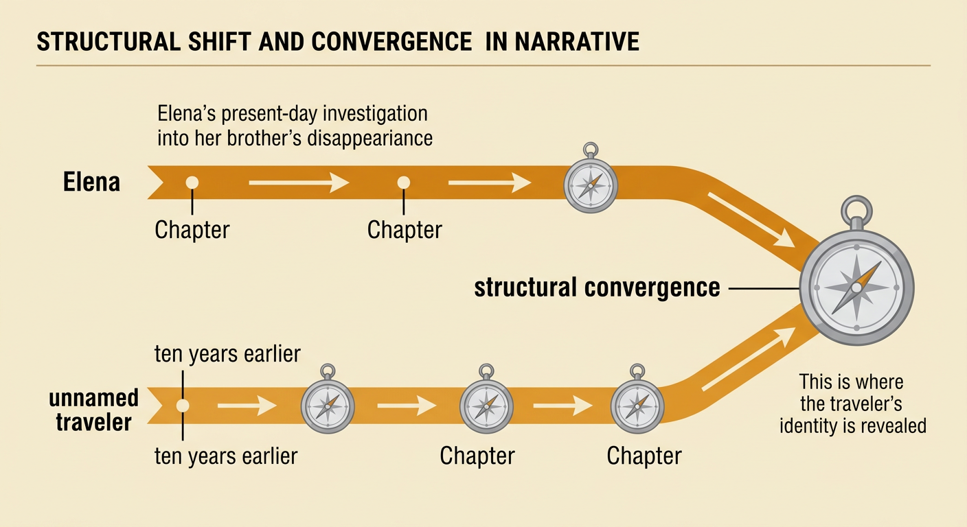 Alternating plotline tracks for Elena and an unnamed traveler merge when both connect to a silver compass.