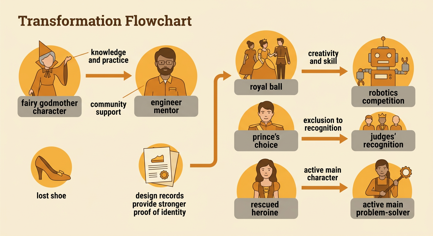 A transformation chart shows magical story elements changing into realistic support, creative work, and Maya's active choices.