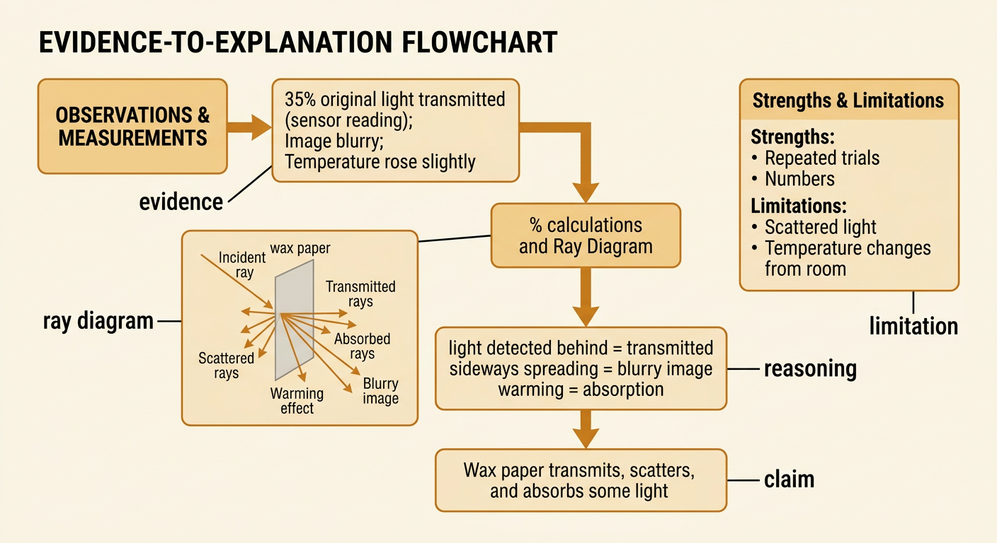 An evidence board connects wax paper test results and a ray diagram to a claim, reasoning, and test limitation.