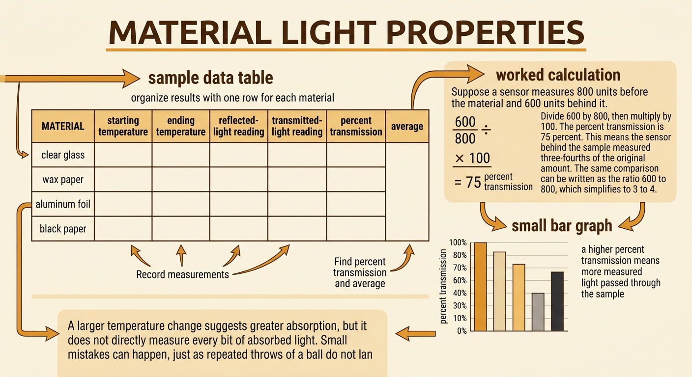 A data table shows three trials, sensor readings, temperature changes, a percent calculation, and an average.