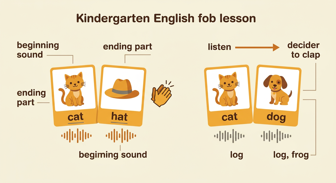 A child claps beside pictures of a cat and hat and pictures of a log and frog, with matching endings highlighted.