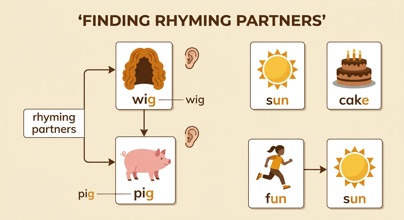 Three picture cards show a pig, a sun, and a cake, while arrows match wig to pig and fun to sun by sound.
