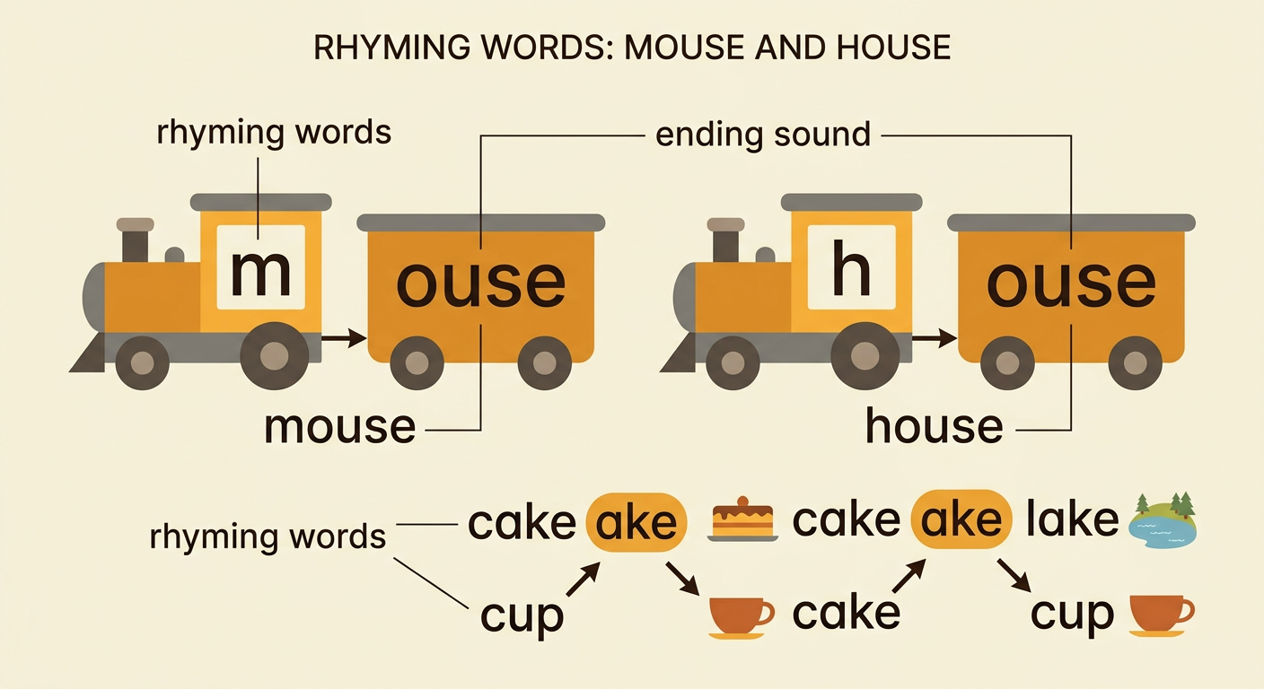 A sound diagram shows a mouse and a house connected to their shared ending, ouse.