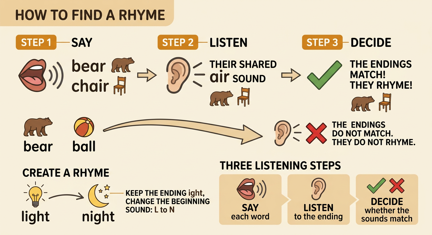 A review board shows bear paired with chair, bear not paired with ball, and the three listening steps beside an ear.