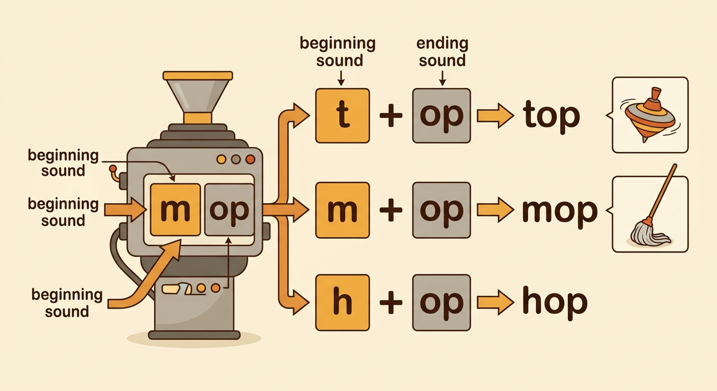 A colorful word train carries pictures for top, mop, hop, and pop, with op repeated on every car.