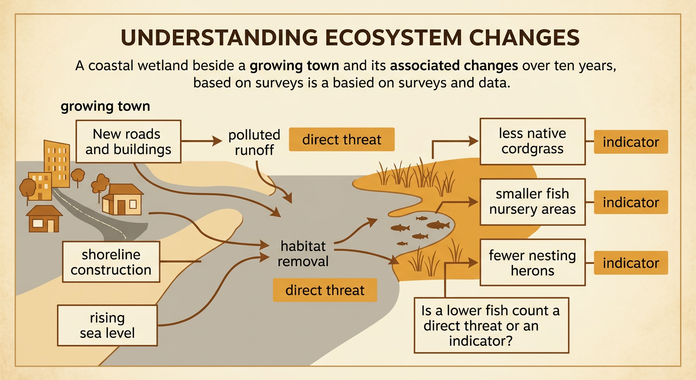 A coastal town map connects construction and runoff to wetland loss, declining fish, and fewer herons.