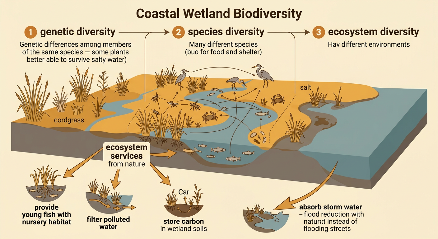 A labeled coastal wetland shows varied organisms, connected habitats, and benefits provided to people.