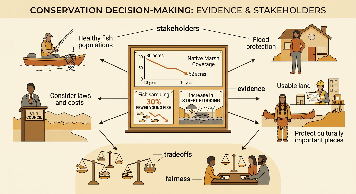 A wetland report graphic shows measured changes beside the different groups affected by conservation decisions.