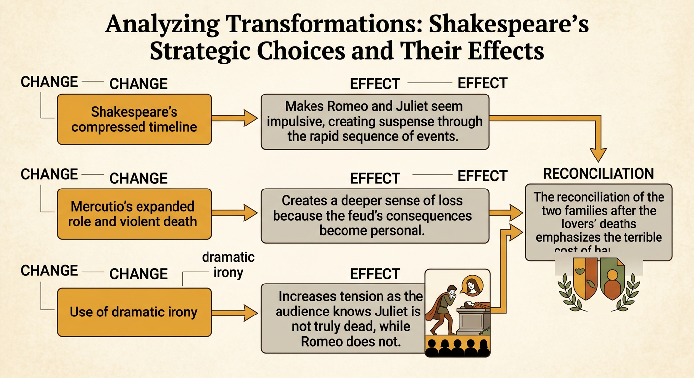 A cause-and-effect diagram shows how Shakespeare’s transformations create urgency, tension, loss, and reconciliation.