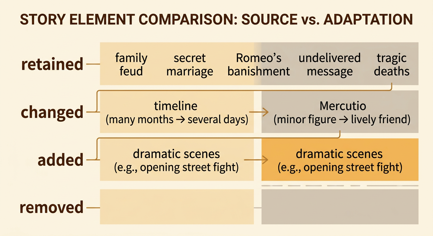 A four-part chart classifies Shakespeare’s major choices in adapting Brooke’s story.