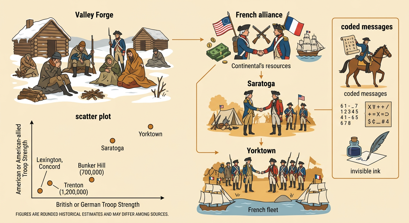 An illustrated campaign map links army hardships, French assistance, secret communication, and major victories.