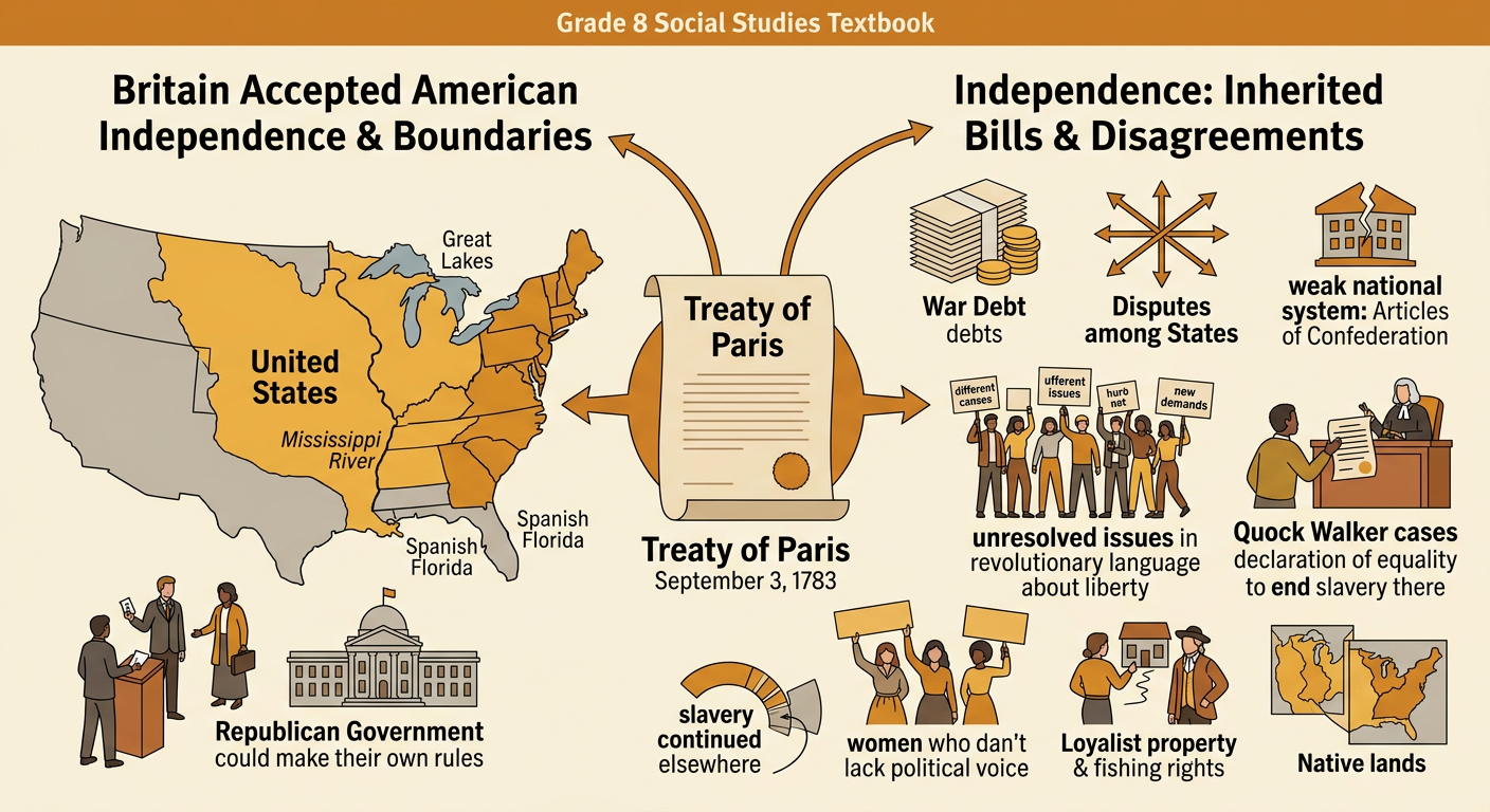 A treaty map shows the new United States and groups affected differently by the Revolution's outcome.