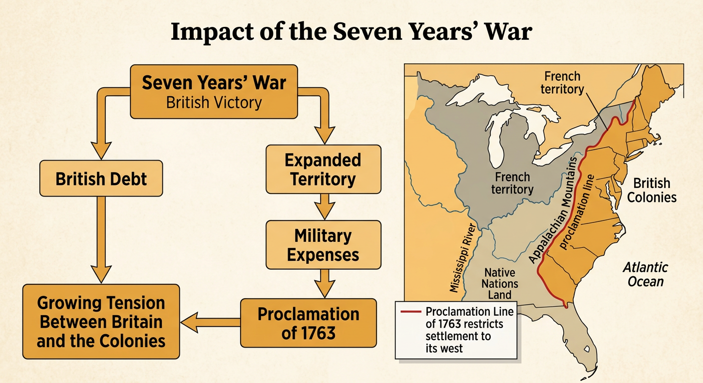 A map shows Britain's new North American territory and the settlement boundary created in 1763.
