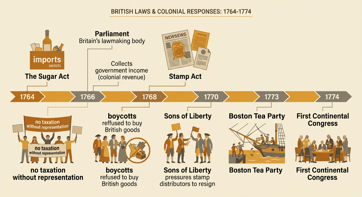 An illustrated protest timeline connects British taxes, colonial boycotts, the Boston Tea Party, and united resistance.