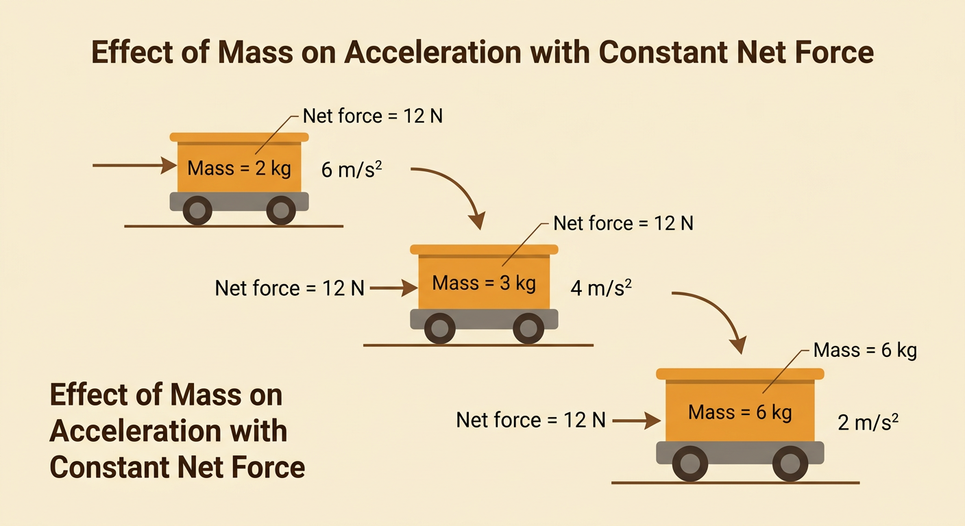 Three carts with different masses show decreasing acceleration under the same 12-newton net force.