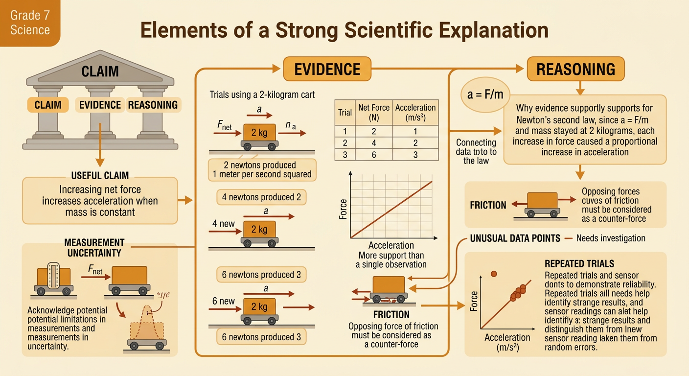 A claim-evidence-reasoning chart shows cart trial data, an acceleration graph, and Newton’s second law.