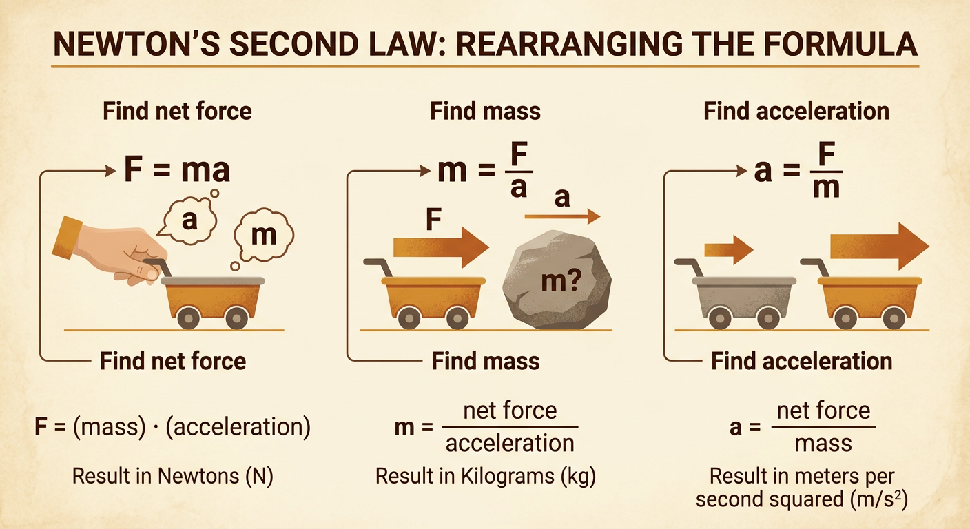 A calculation board shows worked examples for finding force, mass, and acceleration with Newton’s second law.
