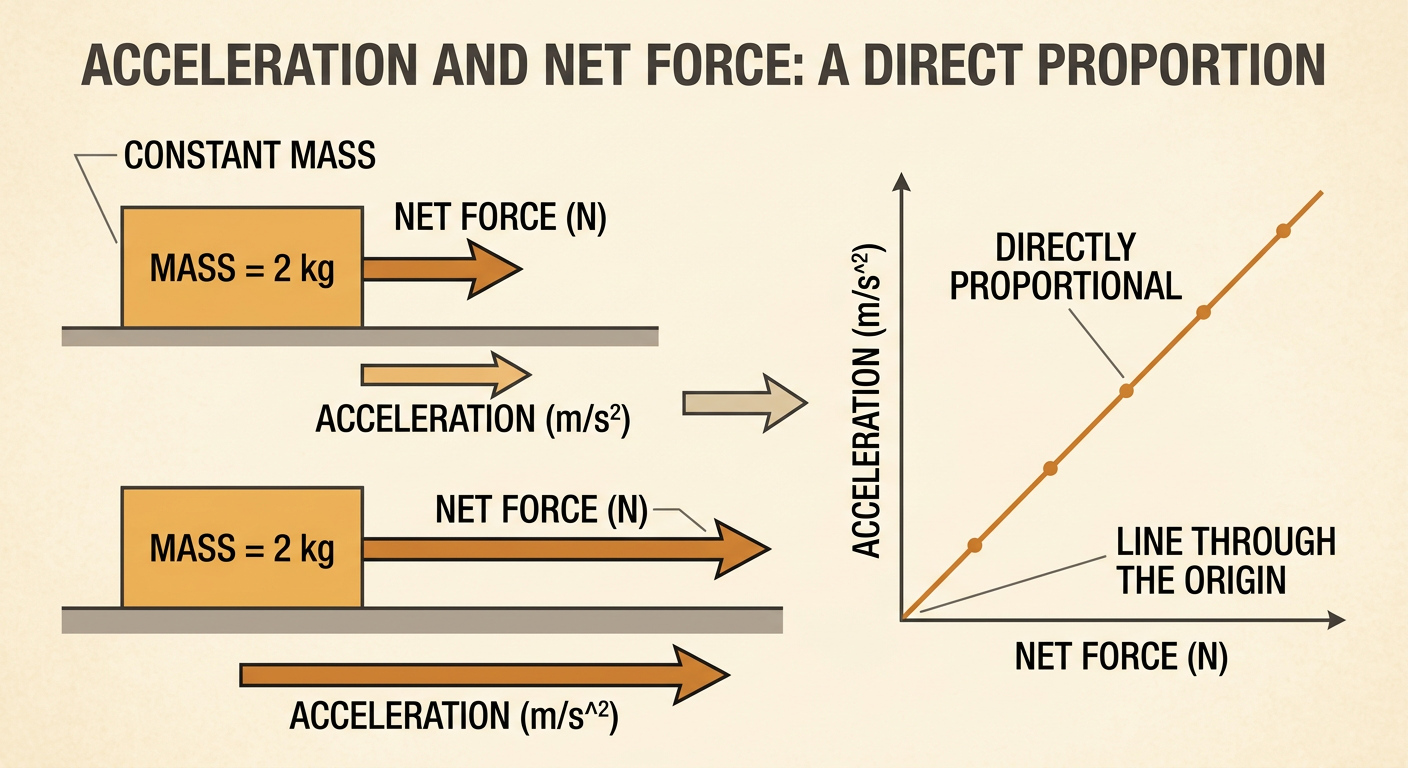 A data table and line graph show acceleration increasing with net force for a 2 kg cart.