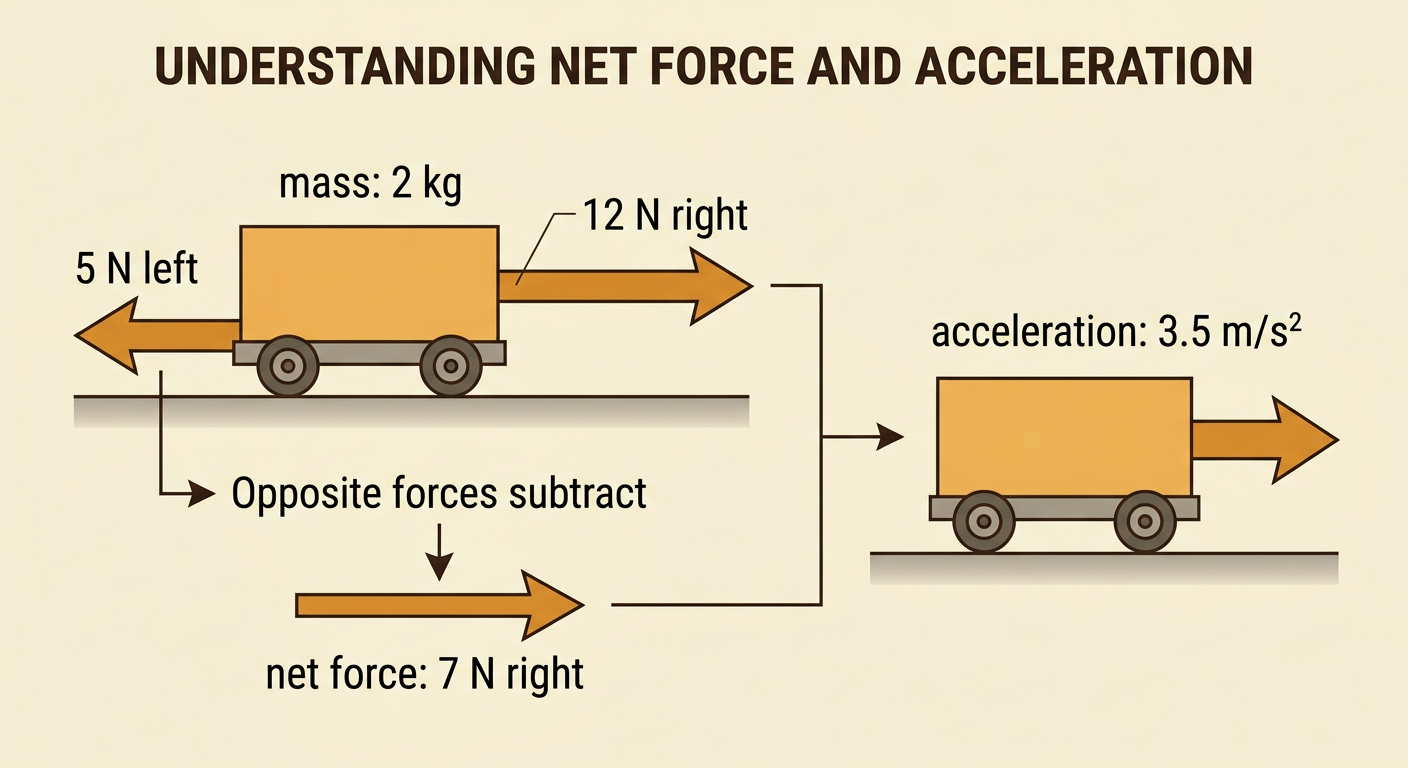 A cart diagram shows a stronger push to the right, weaker friction to the left, and the resulting acceleration.