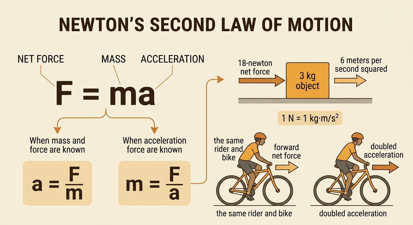 A formula diagram shows Newton’s second law and an example calculating acceleration from net force and mass.