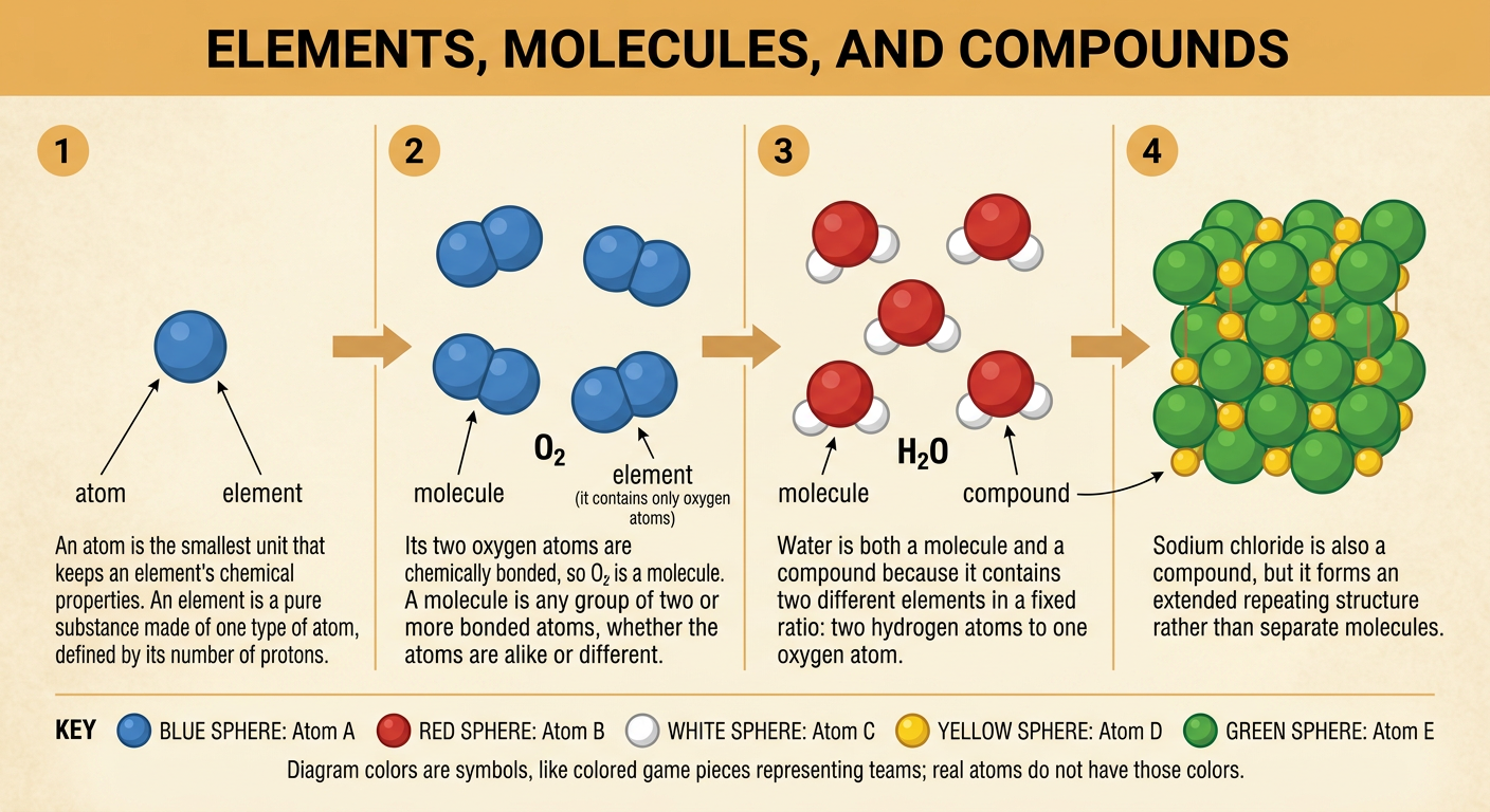 A particle diagram compares single atoms, O2, H2O, and the repeating structure of sodium chloride.