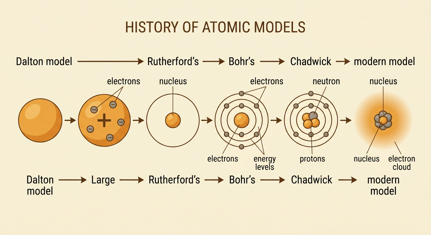 A left-to-right timeline shows atomic models changing from Dalton's sphere to the modern nucleus and electron cloud.