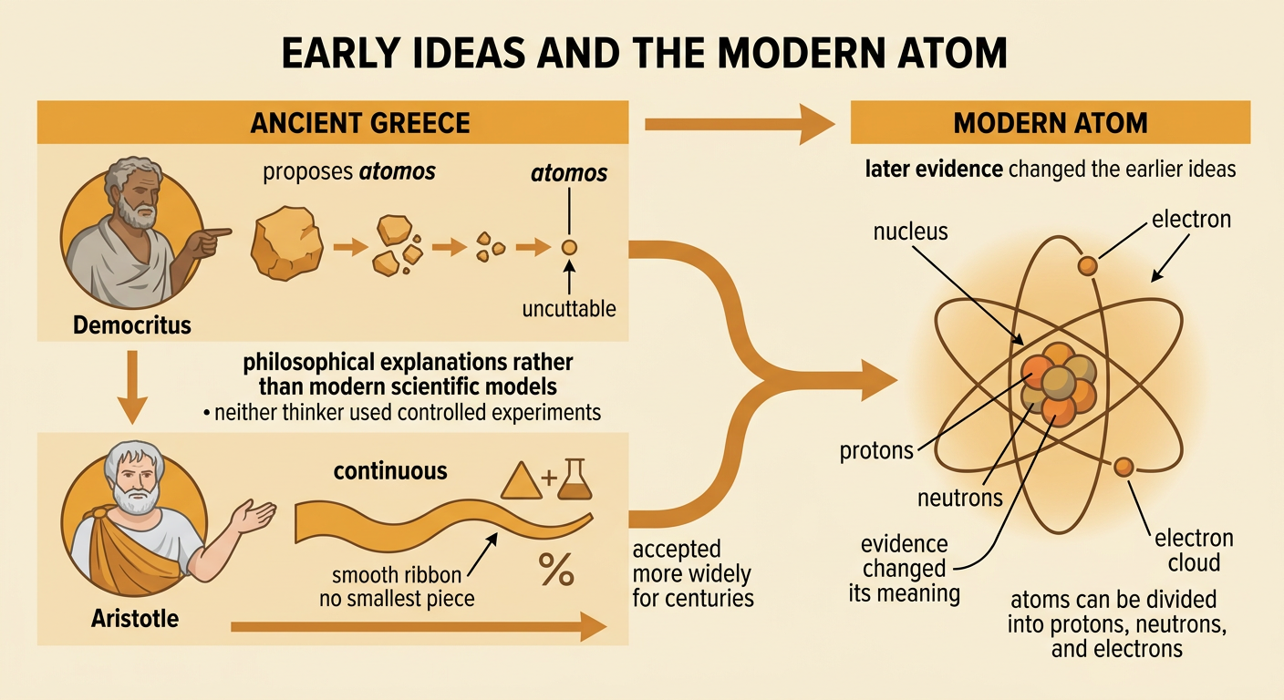 Democritus and Aristotle stand beside contrasting pictures of matter as tiny pieces and as continuous material.