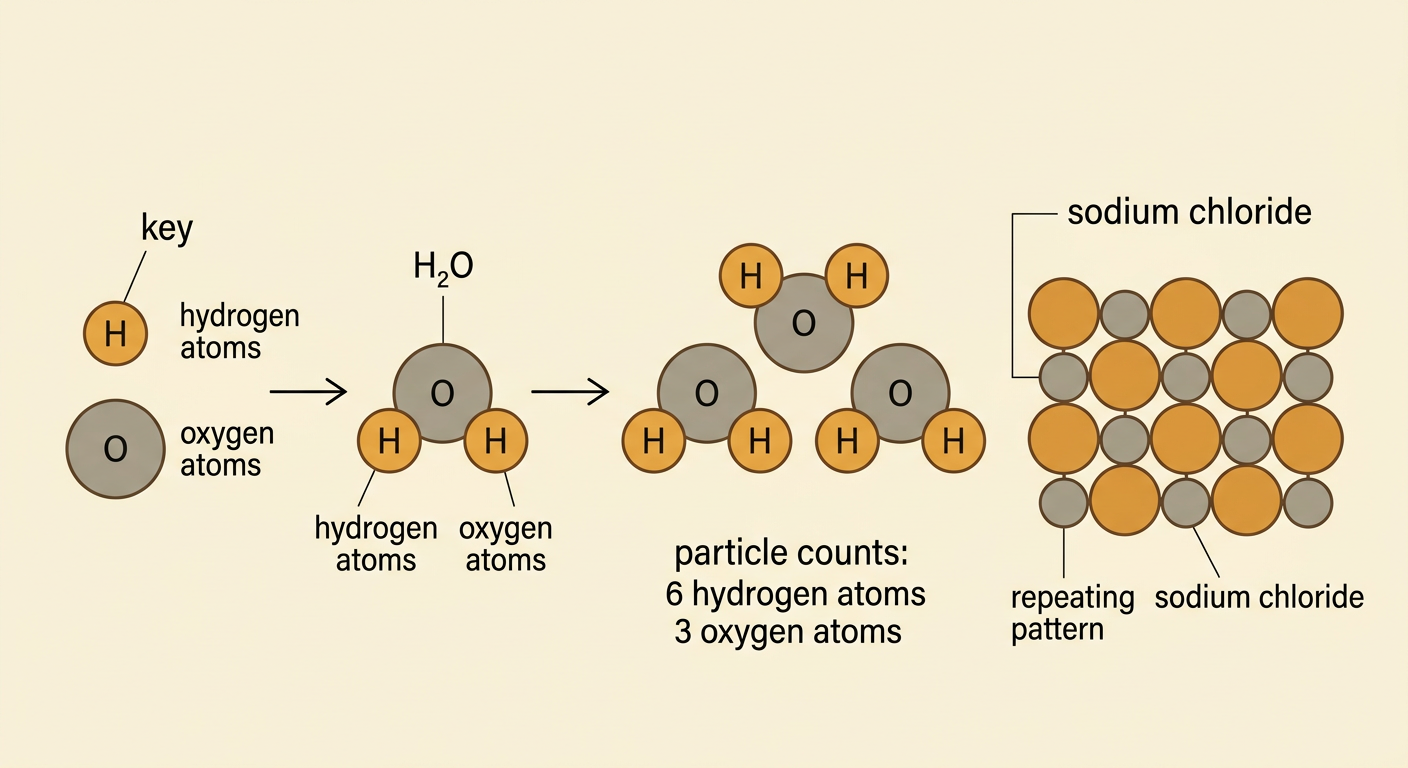A model-building workspace shows a color key, three H2O molecules, and an alternating sodium chloride pattern.