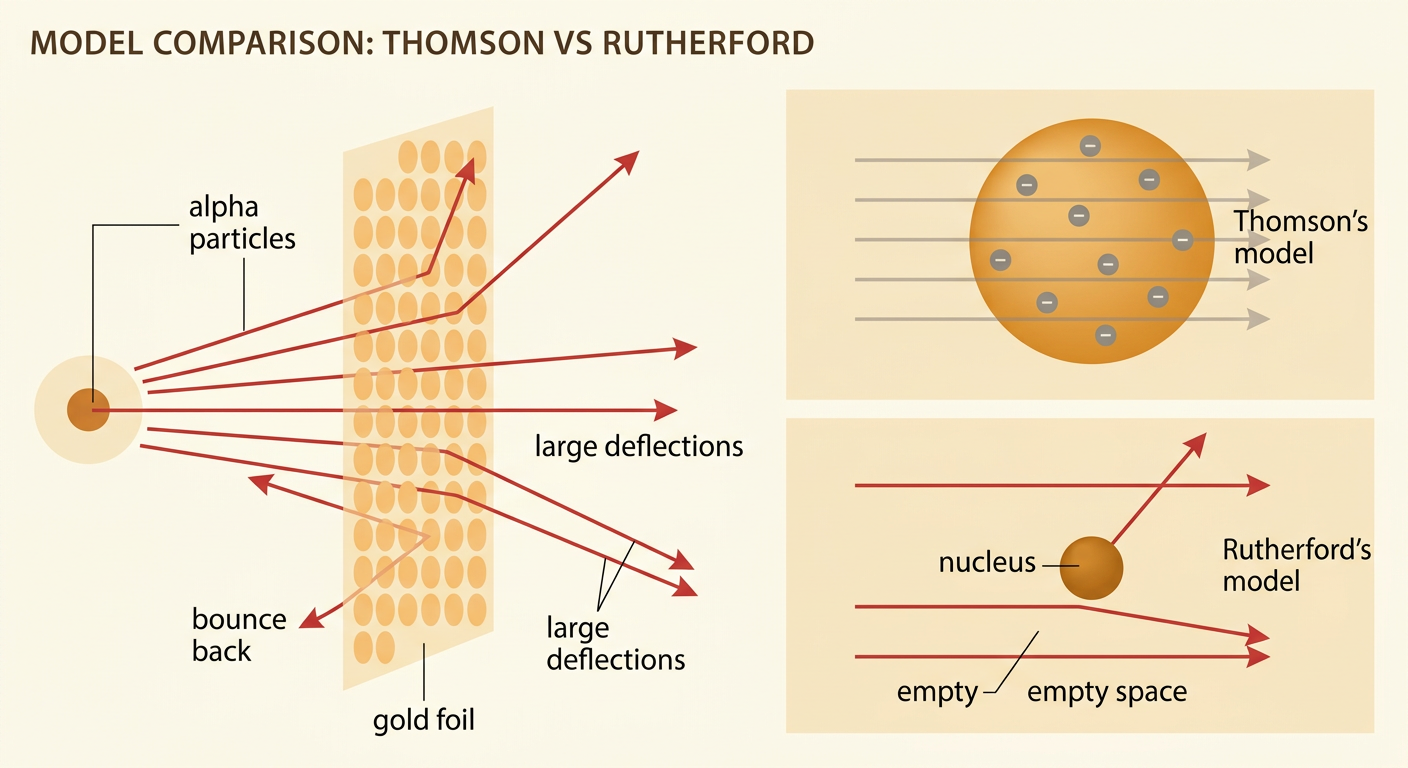 Rutherford's experiment shows alpha particles passing through gold foil while a few deflect from a tiny nucleus.