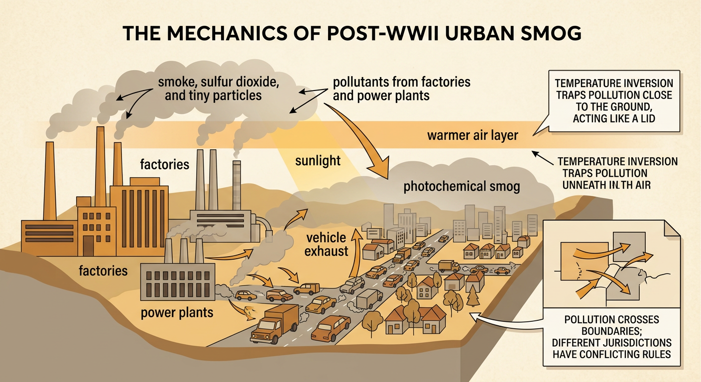 A postwar city sits under trapped smog from industrial smokestacks and heavy automobile traffic.