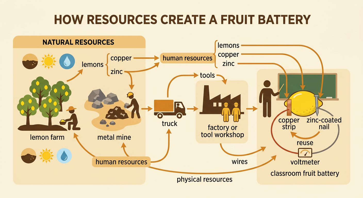 A resource map connects lemons, mined copper and zinc, workers, a truck, and a voltmeter to a fruit battery.