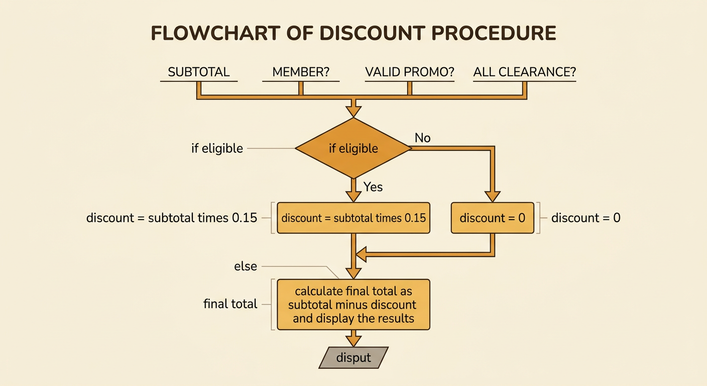 A pseudocode flowchart branches from eligibility to either a 15% discount or a zero discount before calculating the total.