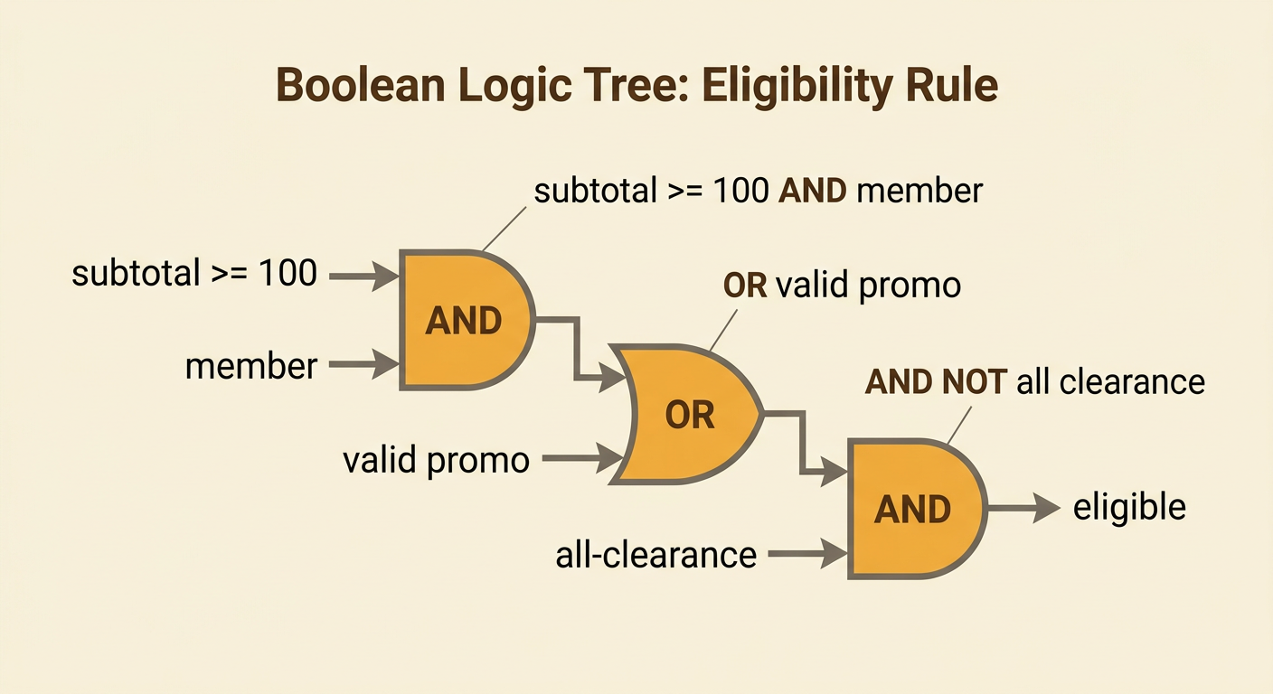 A Boolean logic diagram shows two qualifying routes joining before the clearance exclusion.