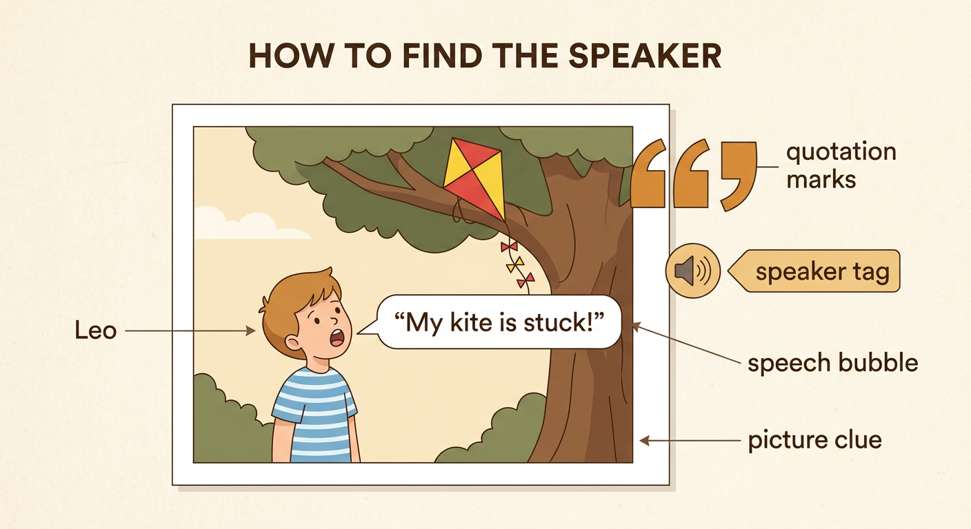 Leo looks up at his kite in a tree while quotation marks and a speech bubble show that he says his kite is stuck.