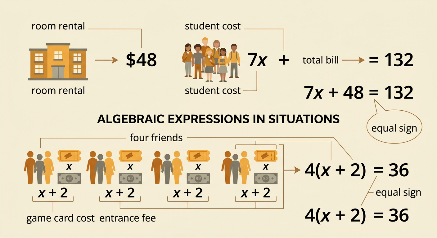 A club bill model shows a one-time room rental plus a repeated student cost equaling the total bill.