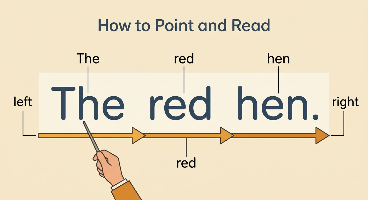 A pointer slides under each word in the sentence “The red hen” from left to right.