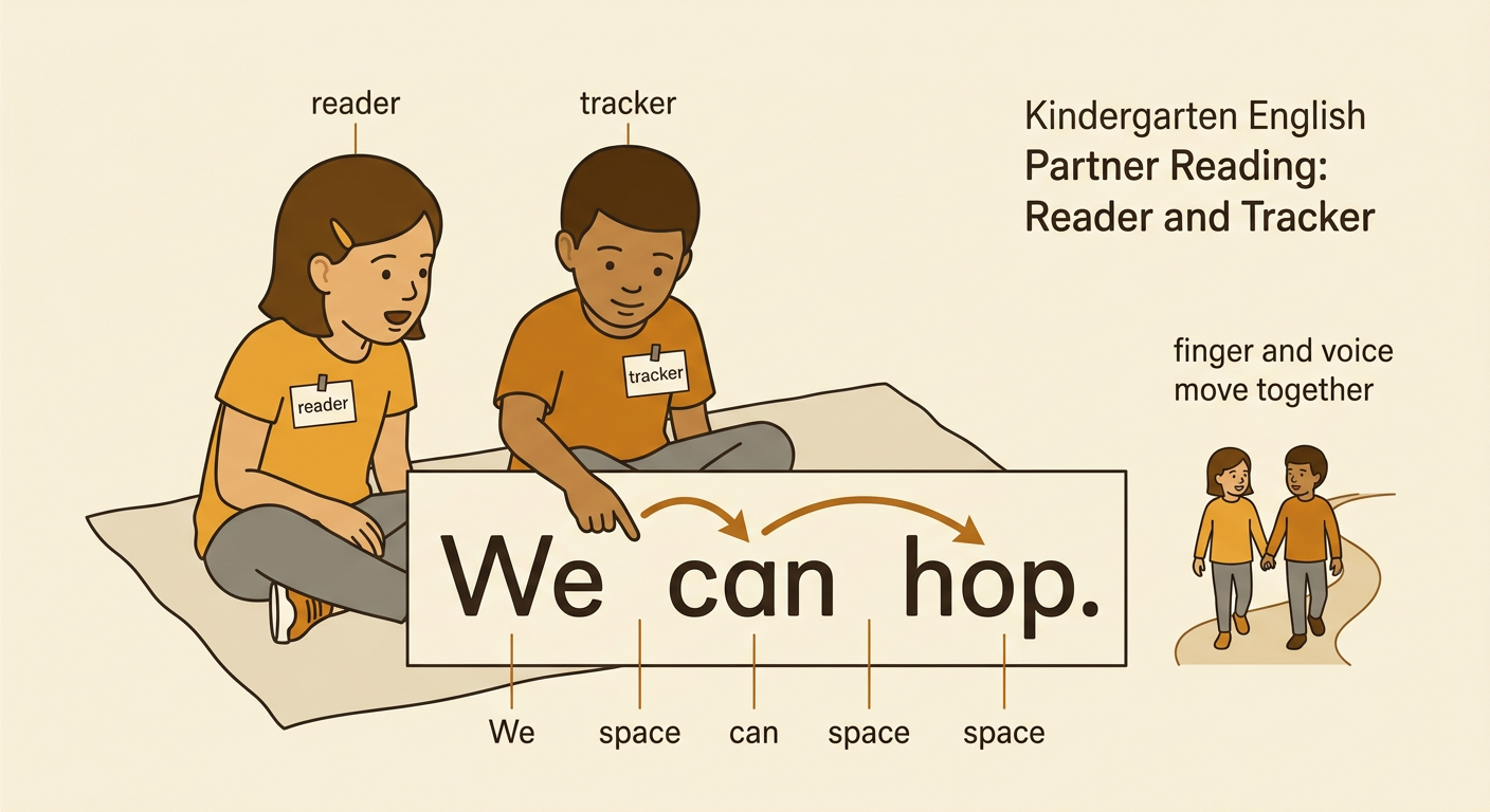 Two children practice “We can hop,” with one reading and the other tracking each word with a finger.