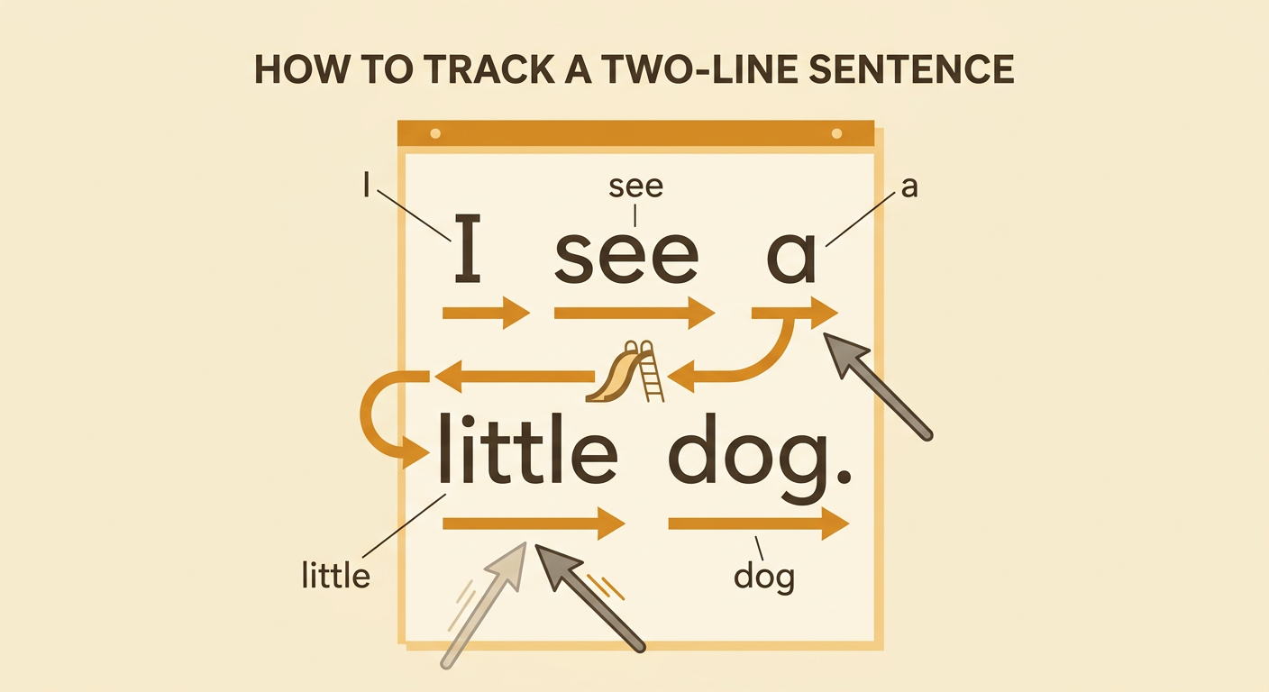 A curved arrow tracks “I see a” across the top line and moves down to “little dog” on the bottom line.