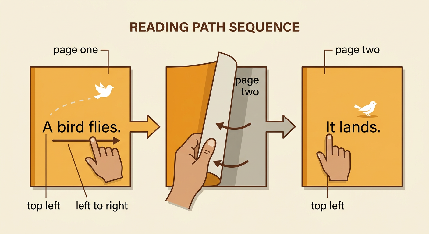 A small two-page book shows a finger tracking “A bird flies” before turning to “It lands.”