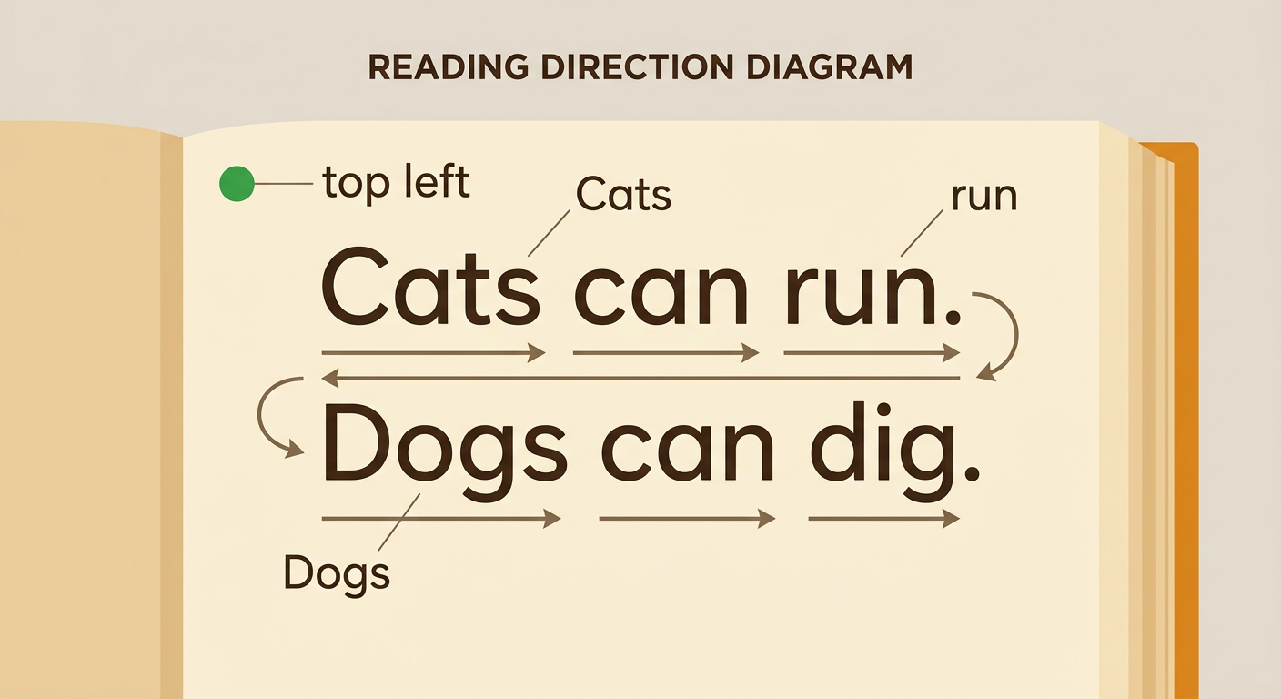 A finger follows two lines of print from the top left, across the first line, and down to the start of the second line.