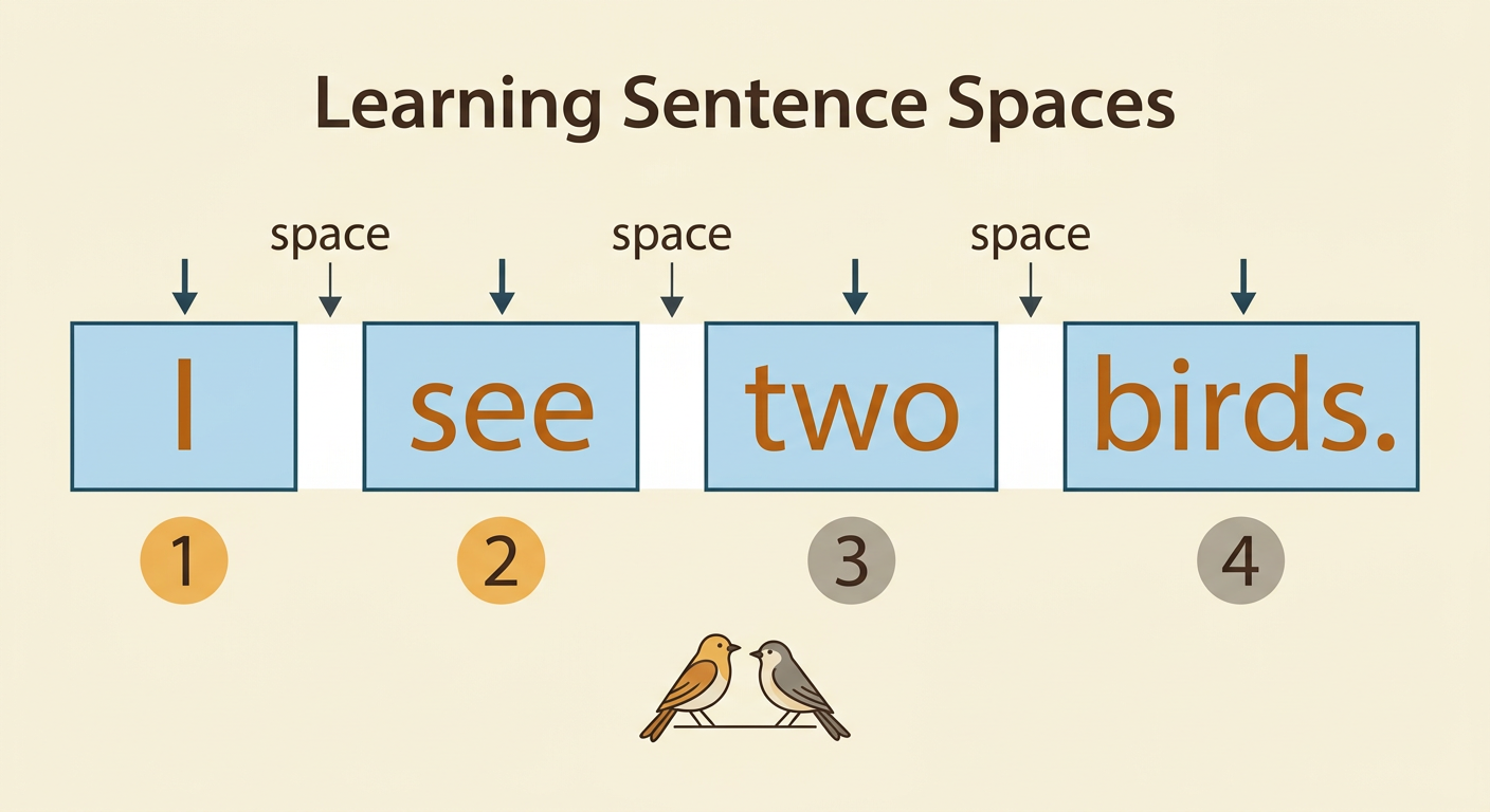 The sentence “I see two birds” appears with arrows under the words and highlighted blank spaces between them.