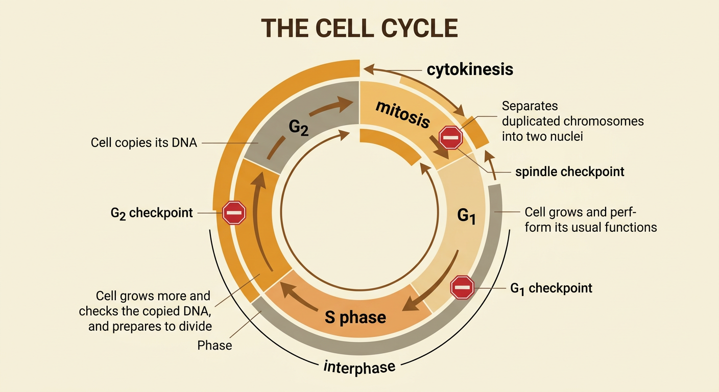 A circular cell-cycle diagram shows growth, DNA copying, checkpoints, mitosis, and cytokinesis.