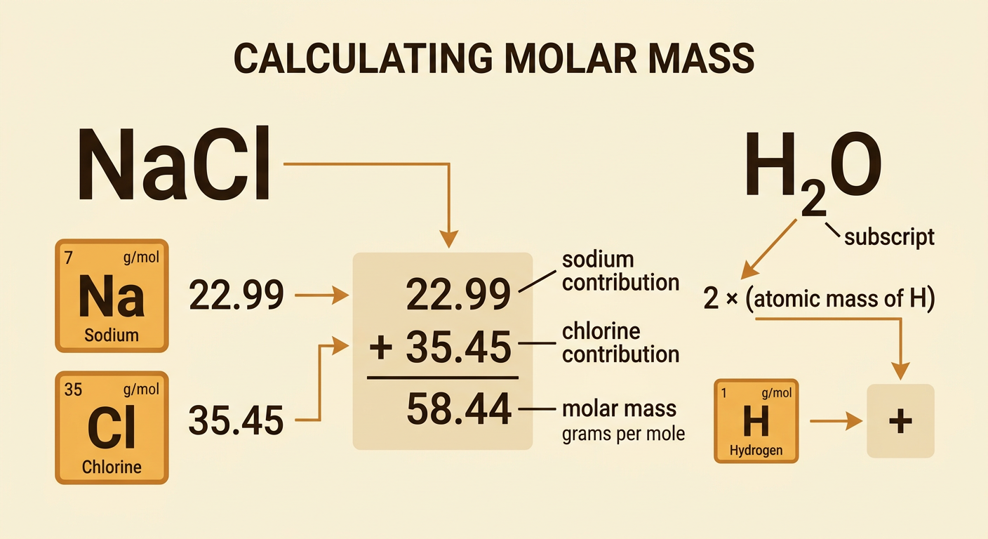 A worked NaCl calculation combines the sodium contribution and chlorine contribution to produce the compound’s molar mass.