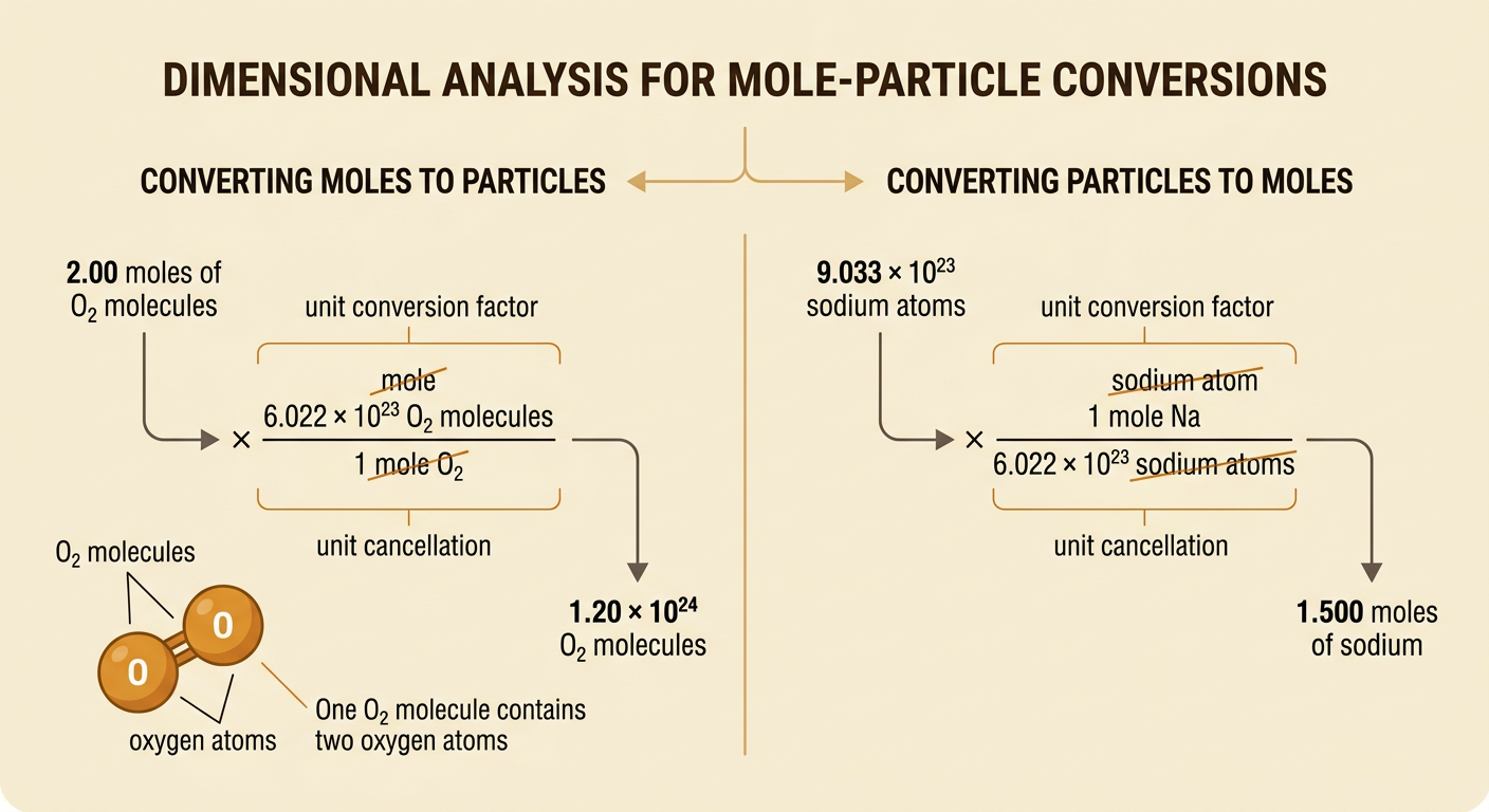 Two dimensional-analysis setups show conversions from moles to O2 molecules and from sodium atoms to moles.