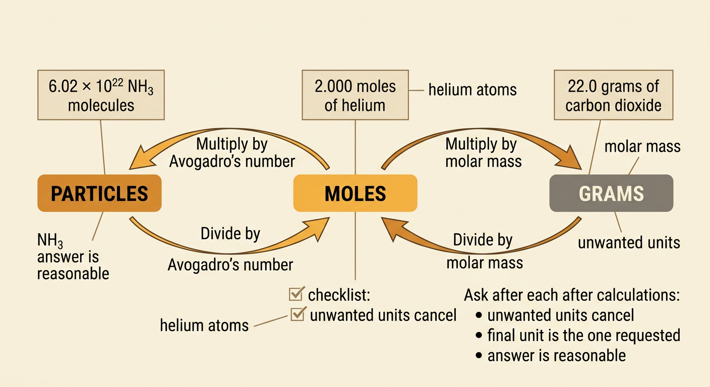 A three-problem practice sheet shows answers for NH3 molecules, helium moles, and carbon dioxide mass beside a final checklist.