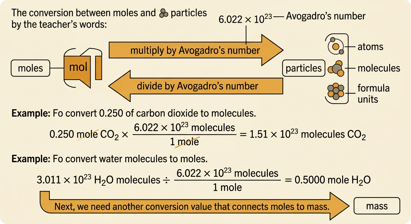 A conversion diagram shows Avogadro’s number connecting moles with atoms, molecules, and formula units.